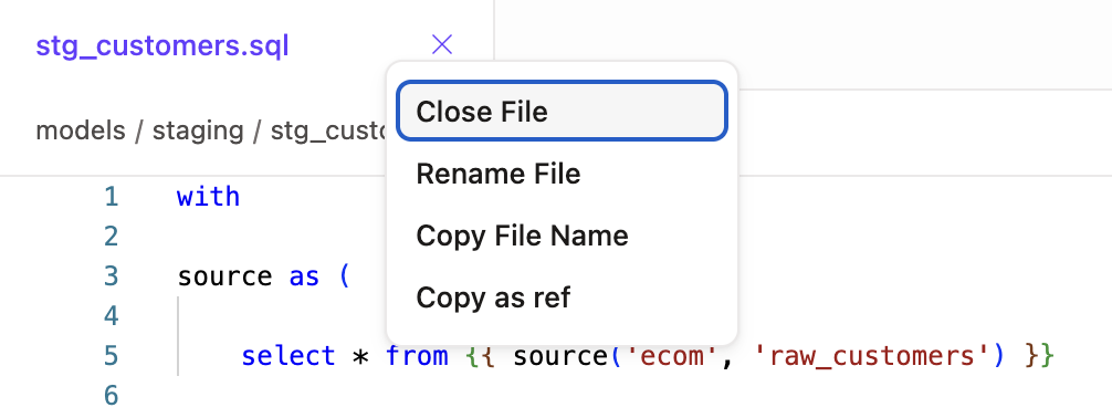  Right-click a tab to view the Editor tab menu options
