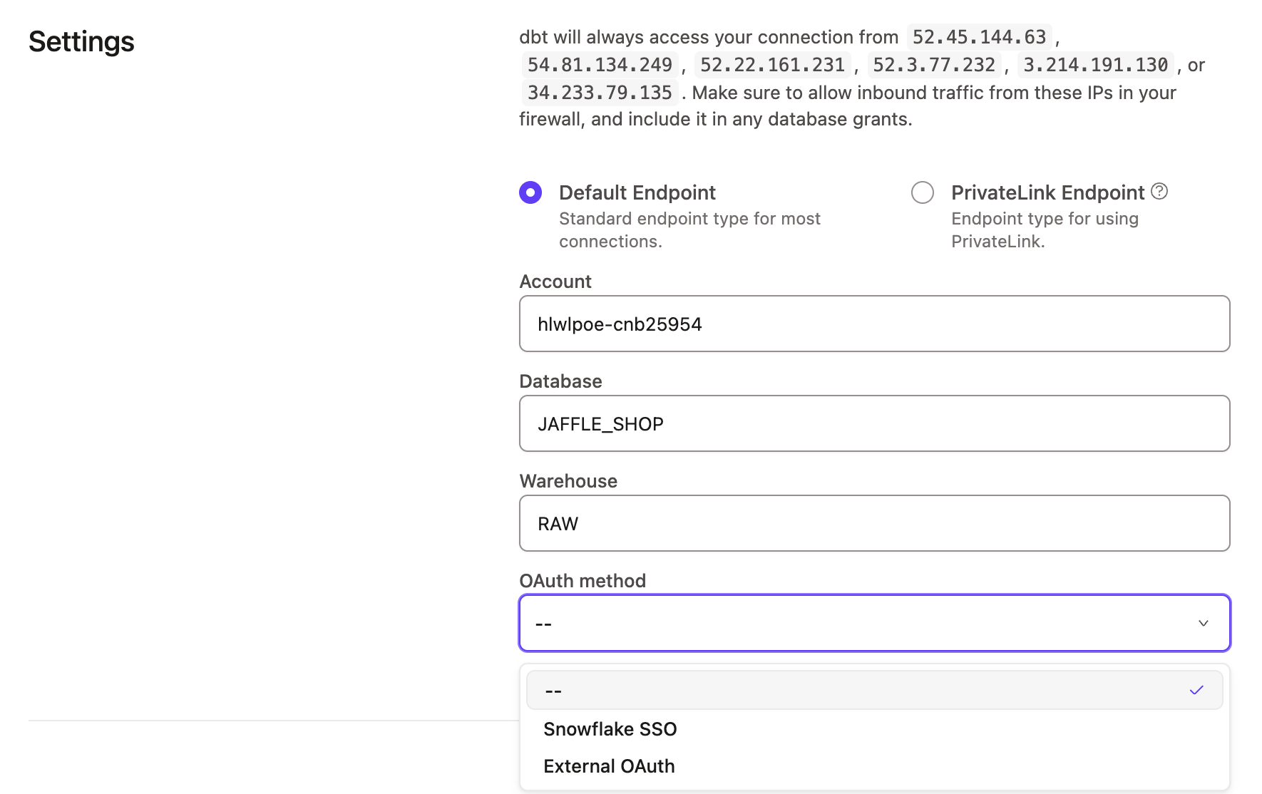 The new configuration window in dbt with the External OAuth showing as an option. The new configuration window in dbt with the External OAuth showing as an option.